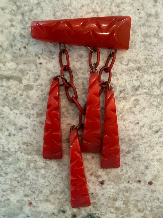 Jewelry - 1930s RARE Vintage Carved Bakelite Dangle Brooch in Cherry Red